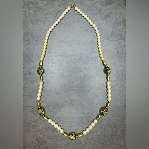 Vintage “Japan” Faux Pearl Necklace w/ Hand-Painted Floral Glass Beads